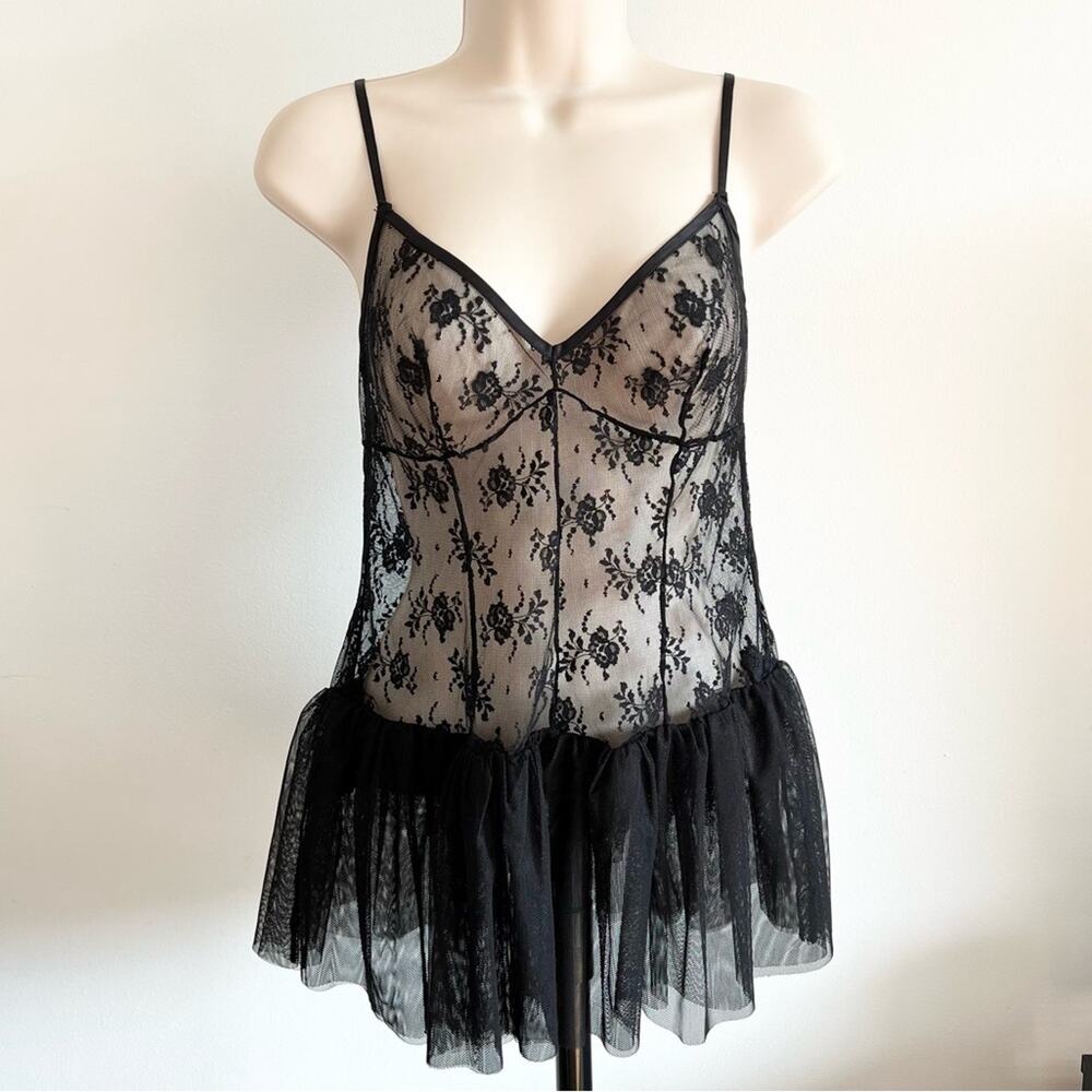 Victoria’s Secret Sheer Top Size S Black Floral Lace V Neck